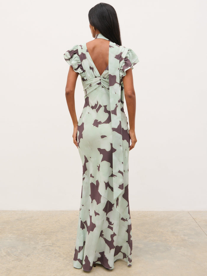 Kavita is 5'7" & Wears Size UK 6|Andi V-Neck Frill Maxi Dress - Mint Watercolour Floral
