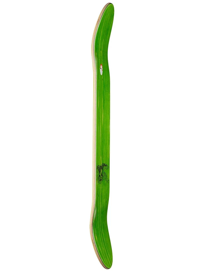 Green skateboard deck with a logo on a white background