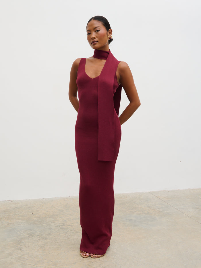 Elle Is 5'3" & Wears Size UK XS|Arabella Knit Maxi Dress with Neck Tie - Wine
