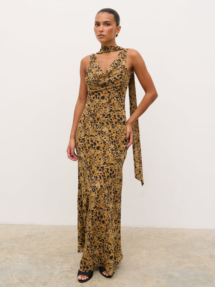 Tina is 5'6" & Wears Size UK 8|Arden High Cowl Scarf Maxi Dress - Abstract Leopard