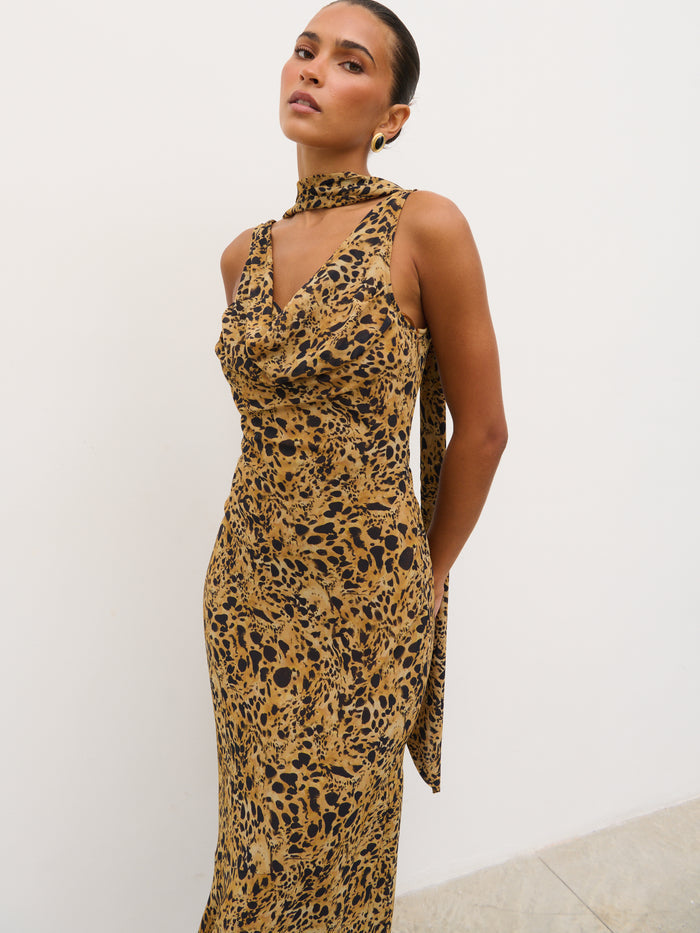 Tina is 5'6" & Wears Size UK 8|Arden High Cowl Scarf Maxi Dress - Abstract Leopard