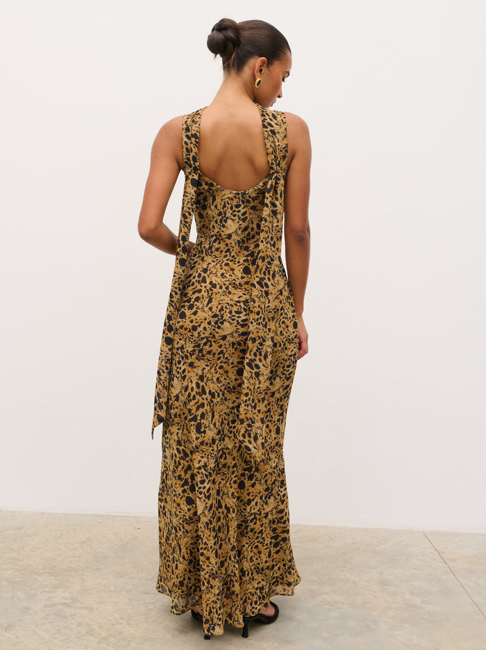 Tina is 5'6" & Wears Size UK 8|Arden High Cowl Scarf Maxi Dress - Abstract Leopard