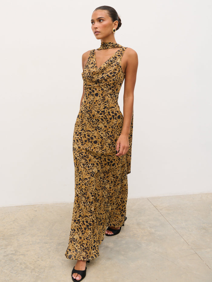 Tina is 5'6" & Wears Size UK 8|Arden High Cowl Scarf Maxi Dress - Abstract Leopard