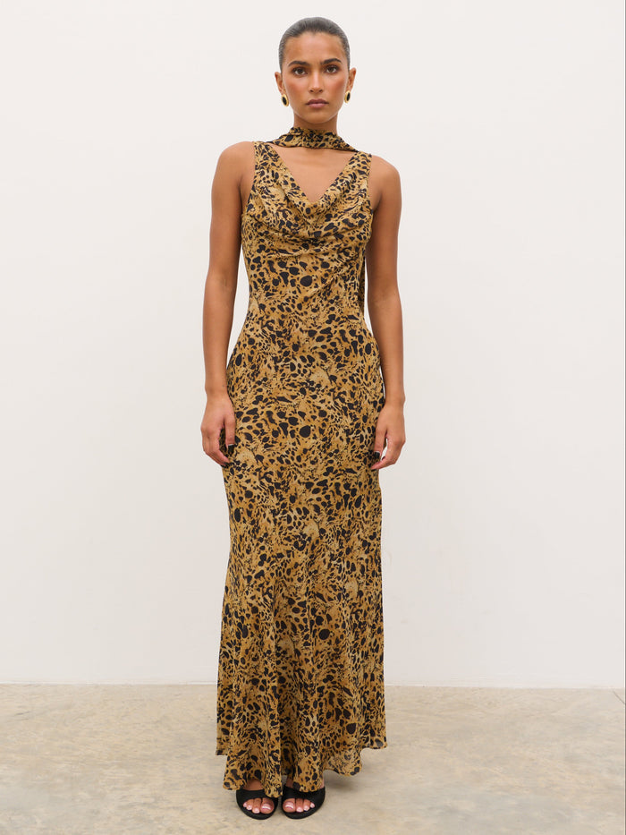 Tina is 5'6" & Wears Size UK 8|Arden High Cowl Scarf Maxi Dress - Abstract Leopard