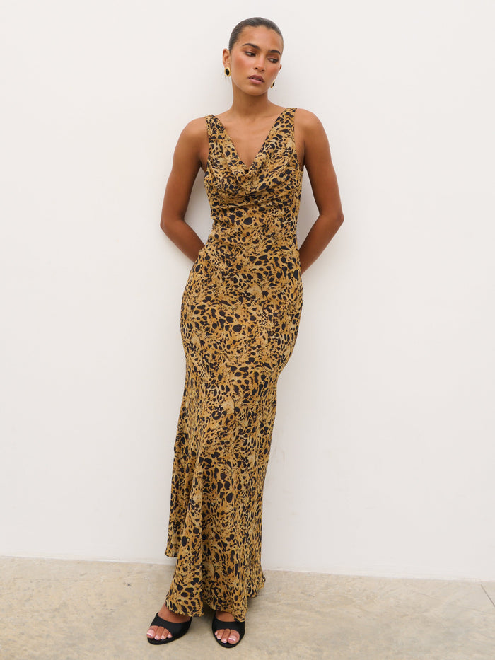Tina is 5'6" & Wears Size UK 8|Arden High Cowl Scarf Maxi Dress - Abstract Leopard
