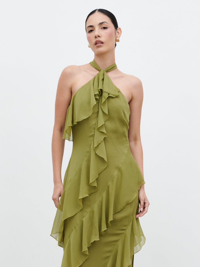 Veronica is 5'8" & Wears Size UK 6|Aria Halterneck Ruffle Maxi Dress - Dark Olive
