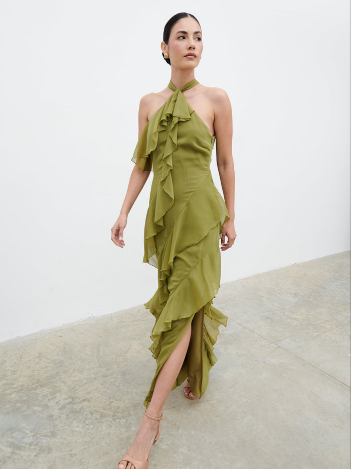 Veronica is 5'8" & Wears Size UK 6|Aria Halterneck Ruffle Maxi Dress - Dark Olive