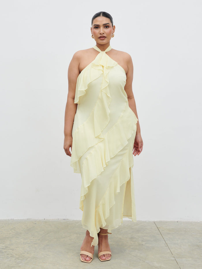 Souki Is 5'8" & Wears Size UK 18|Aria Halterneck Ruffle Midaxi Dress Curve - Lemon
