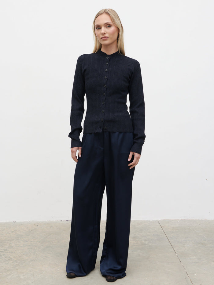 Honor is 5'4" & Wears Size UK S|Ariana Fitted Knit Buttoned Cardigan - Navy