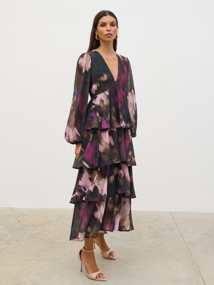 Taina Is 5'8.5" & Wears Size UK 6|Ashton Ruffle Midi Dress - Purple and Khaki Ombre