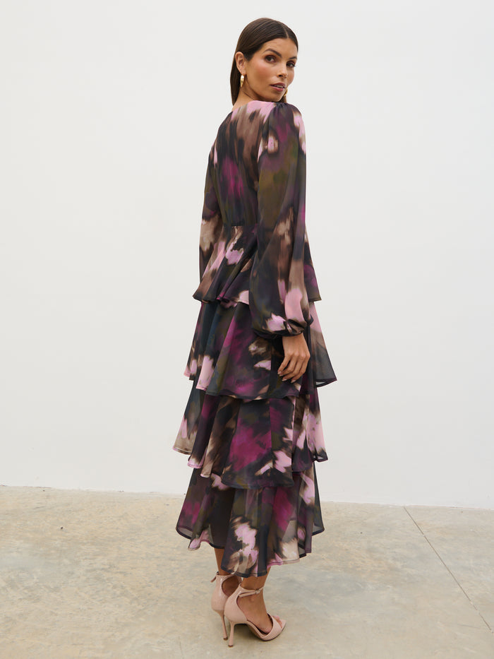 Taina Is 5'8.5" & Wears Size UK 6|Ashton Ruffle Midi Dress - Purple and Khaki Ombre