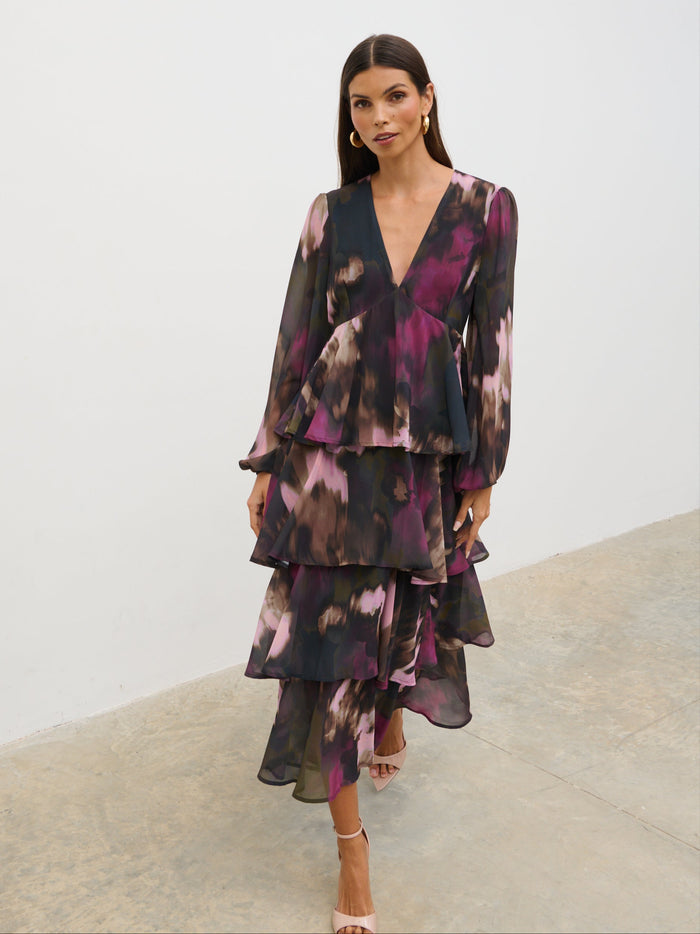 Taina Is 5'8.5" & Wears Size UK 6|Ashton Ruffle Midi Dress - Purple and Khaki Ombre