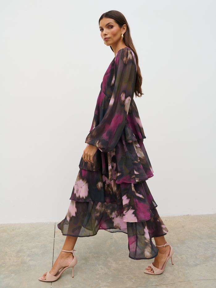 Taina Is 5'8.5" & Wears Size UK 6|Ashton Ruffle Midi Dress - Purple and Khaki Ombre