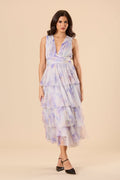 Soft Tulle Spring Summer Lilac Purple Floral Print Sleeveless V Plunging Midi Occasion Dress Wedding Guest