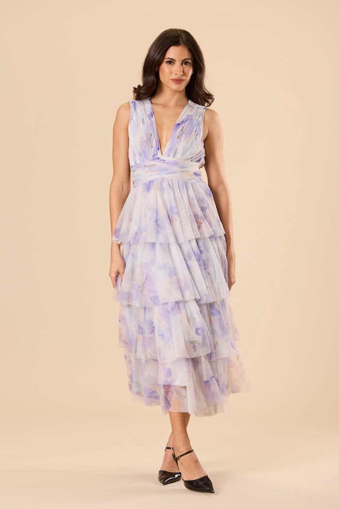Soft Tulle Spring Summer Lilac Purple Floral Print Sleeveless V Plunging Midi Occasion Dress Wedding Guest