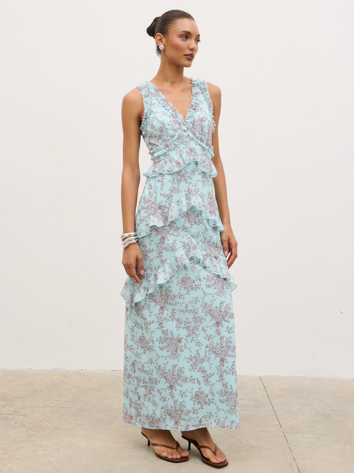 Lana is 5'9.5" & Wears Size UK 8|Aurelia Ruffle Maxi Dress - Seaspray and Brown Floral