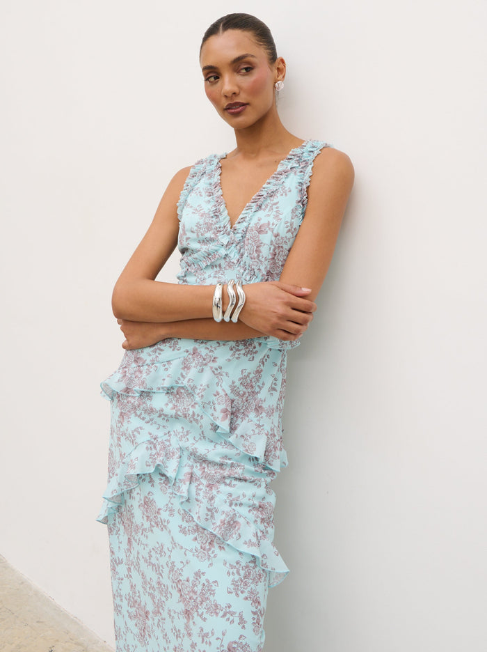 Lana is 5'9.5" & Wears Size UK 8|Aurelia Ruffle Maxi Dress - Seaspray and Brown Floral