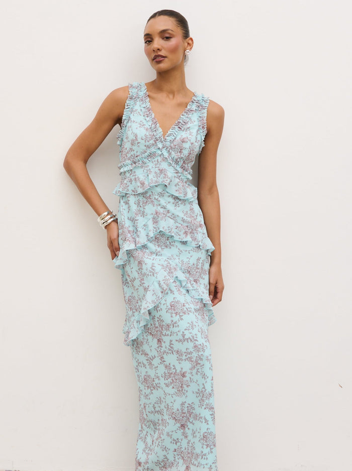 Lana is 5'9.5" & Wears Size UK 8|Aurelia Ruffle Maxi Dress - Seaspray and Brown Floral