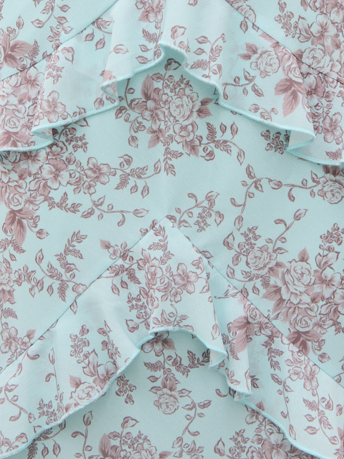 Lana is 5'9.5" & Wears Size UK 8|Aurelia Ruffle Maxi Dress - Seaspray and Brown Floral