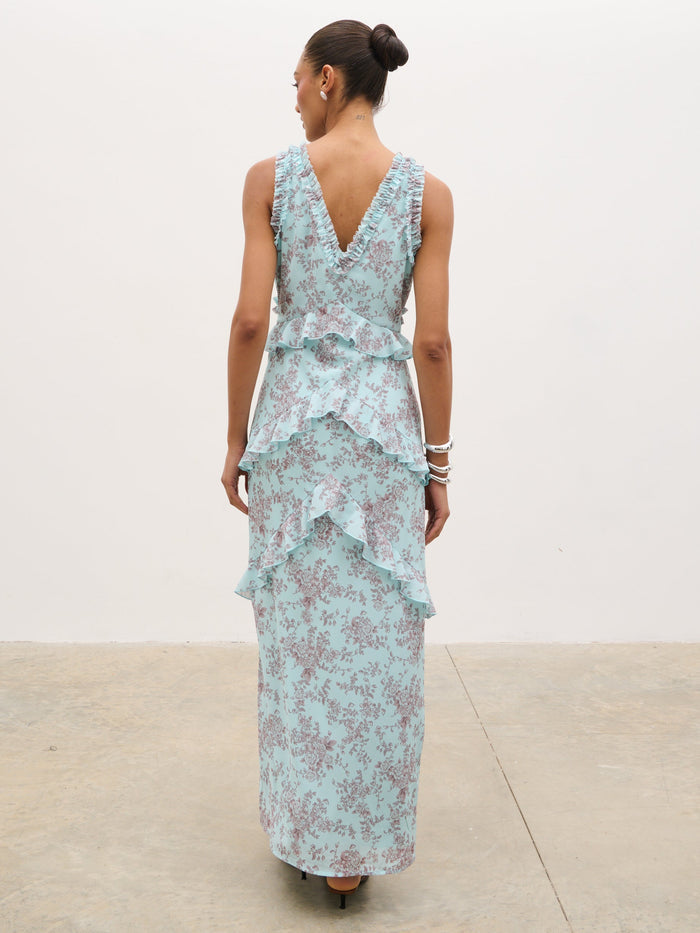 Lana is 5'9.5" & Wears Size UK 8|Aurelia Ruffle Maxi Dress - Seaspray and Brown Floral