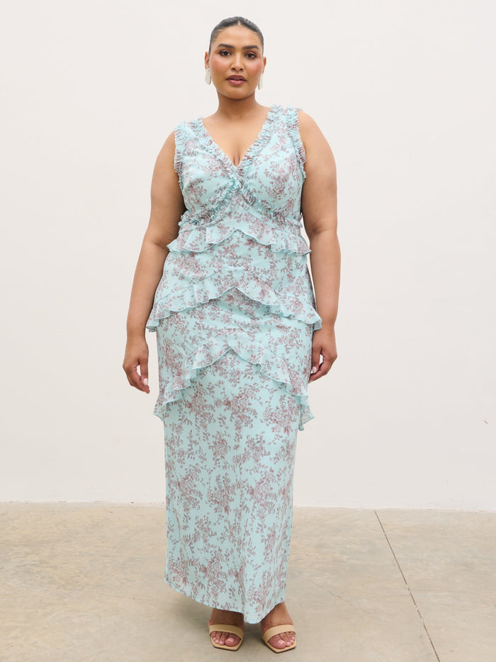 Souki Is 5'8" & Wears Size UK 18|Aurelia Ruffle Maxi Dress Curve - Seaspray and Brown Floral