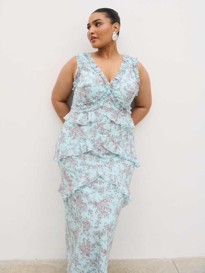 Souki Is 5'8" & Wears Size UK 18|Aurelia Ruffle Maxi Dress Curve - Seaspray and Brown Floral
