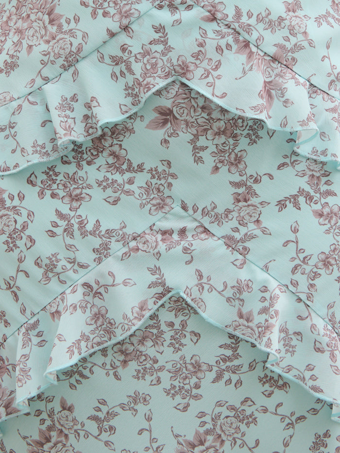 Souki Is 5'8" & Wears Size UK 18|Aurelia Ruffle Maxi Dress Curve - Seaspray and Brown Floral