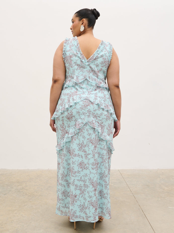 Souki Is 5'8" & Wears Size UK 18|Aurelia Ruffle Maxi Dress Curve - Seaspray and Brown Floral