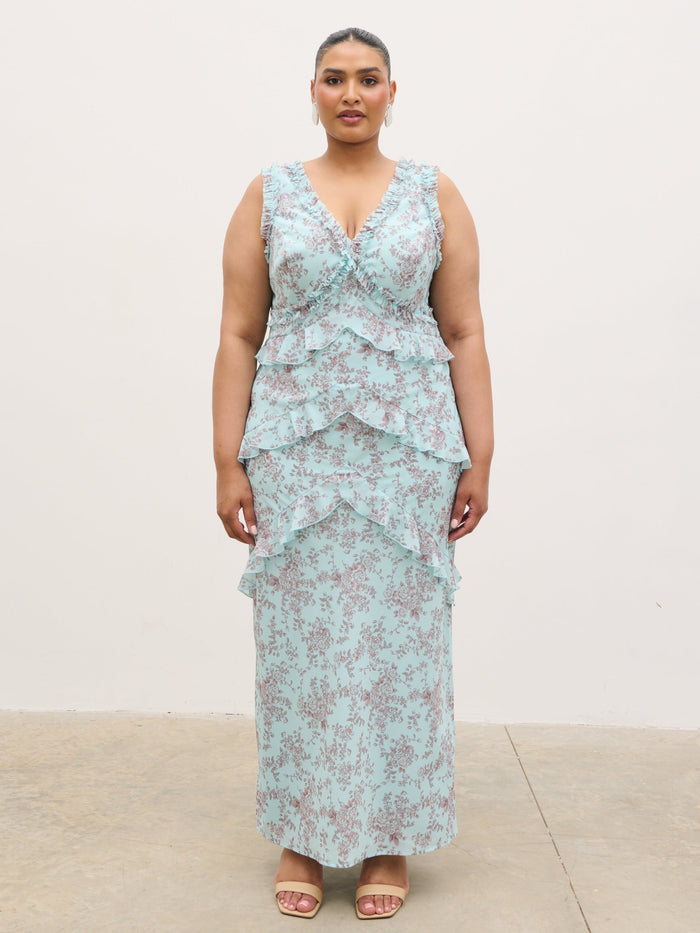 Souki Is 5'8" & Wears Size UK 18|Aurelia Ruffle Maxi Dress Curve - Seaspray and Brown Floral