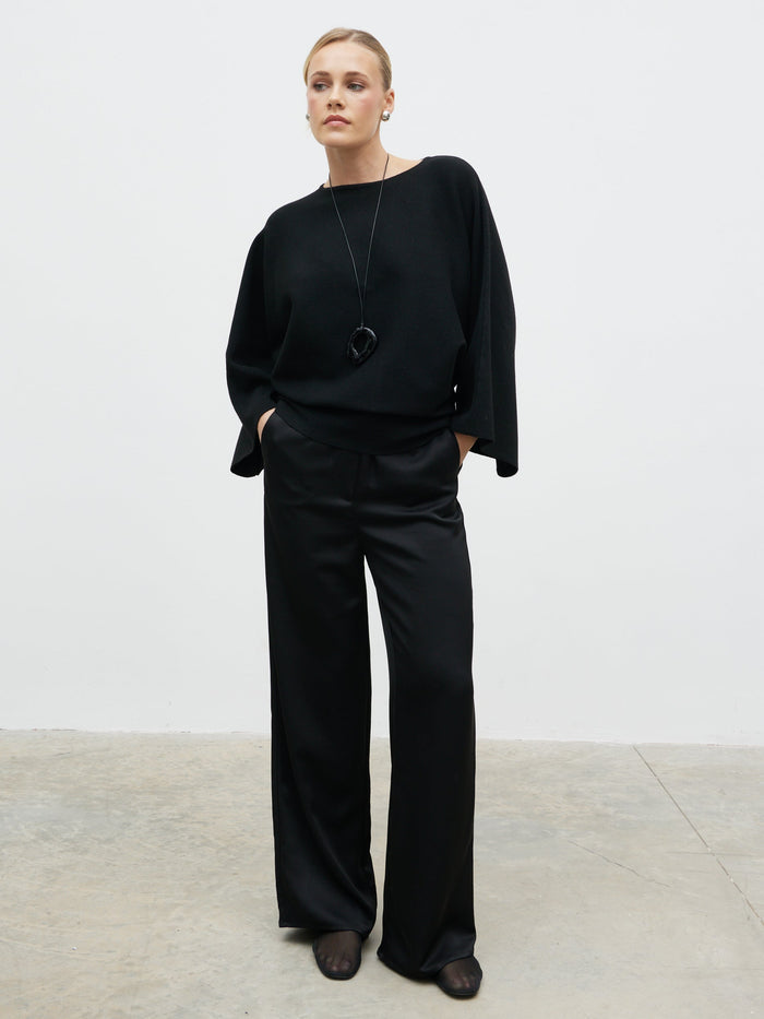 Harriet is 5'8" & Wears Size UK S|Aurelie Drape Sleeve Knit Jumper - Black