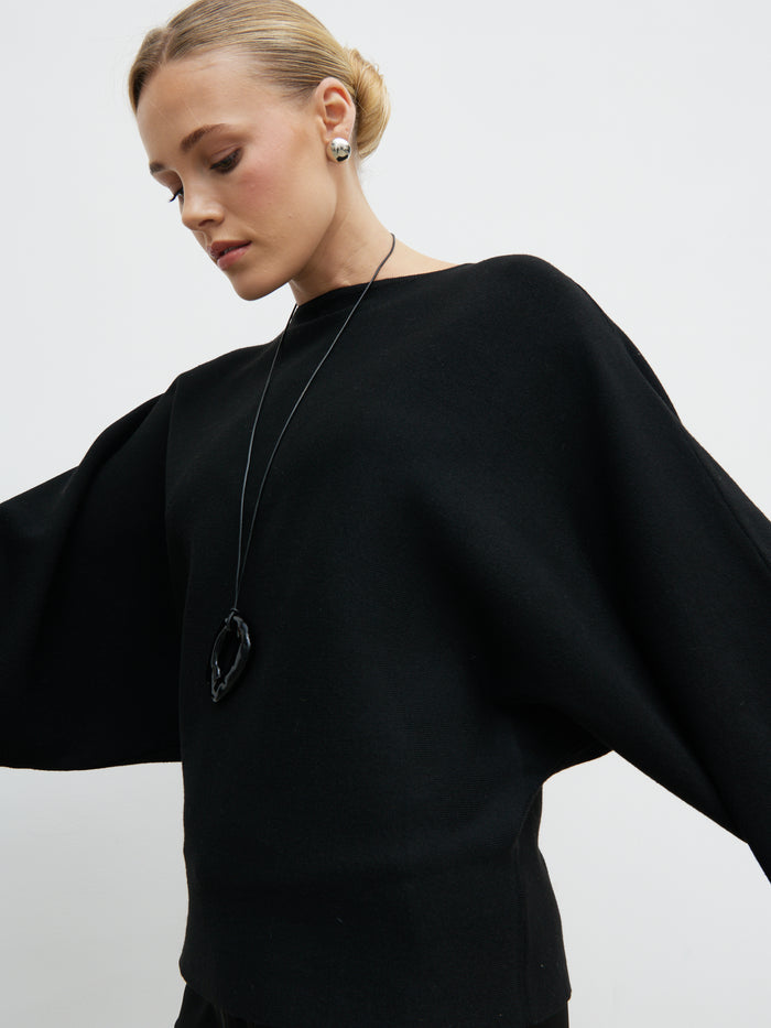 Harriet is 5'8" & Wears Size UK S|Aurelie Drape Sleeve Knit Jumper - Black