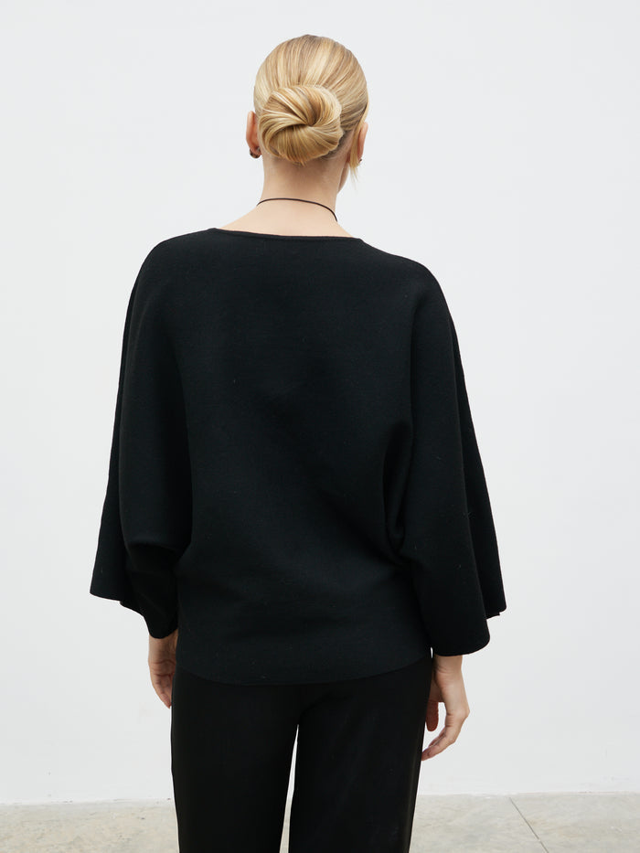 Harriet is 5'8" & Wears Size UK S|Aurelie Drape Sleeve Knit Jumper - Black