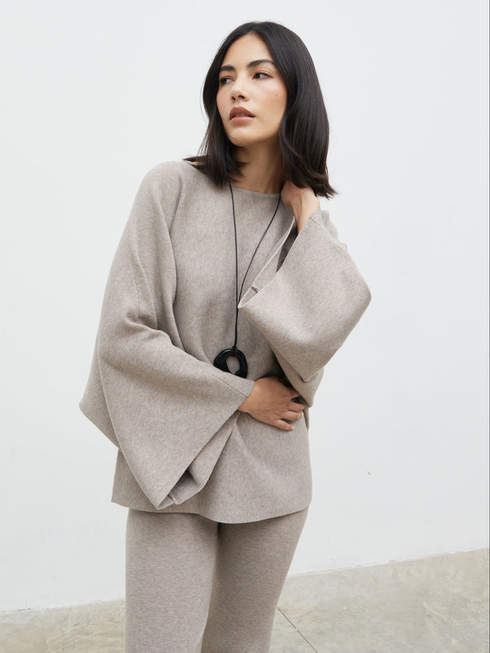 Veronica is 5'8" & Wears Size UK XS|Aurelie Drape Sleeve Knit Jumper - Dark Taupe
