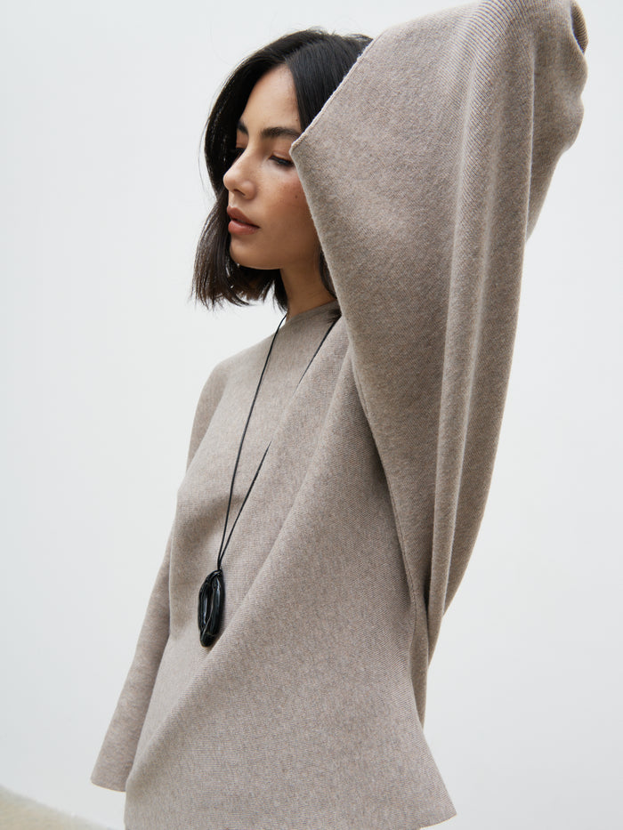 Veronica is 5'8" & Wears Size UK XS|Aurelie Drape Sleeve Knit Jumper - Dark Taupe