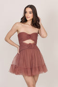 Aurora Corsage Tulle Mini Dress in Rose Brown