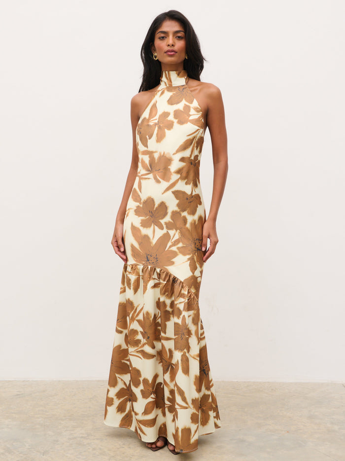 Kavita is 5'7" & Wears Size UK 6|Avery High Neck Backless Maxi Dress - Autumn Petal