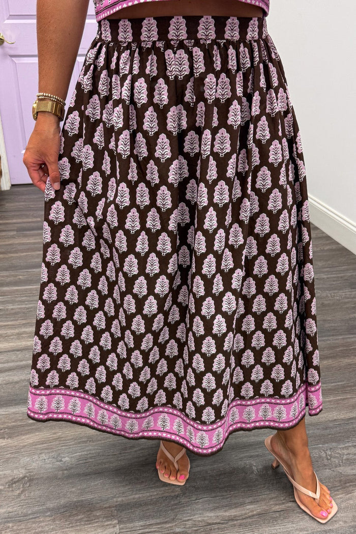 brown and pink floral print with pink border trim elastic waist cotton poplin midi skirt