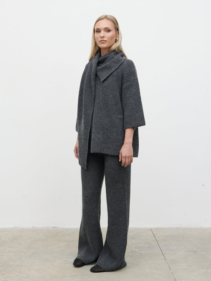Honor is 5'4" & Wears Size UK S|Beautrix Knit Attached Scarf Jumper - Charcoal