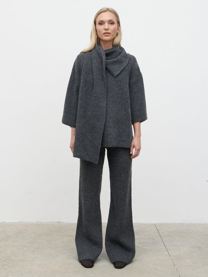 Honor is 5'4" & Wears Size UK S|Beautrix Knit Attached Scarf Jumper - Charcoal