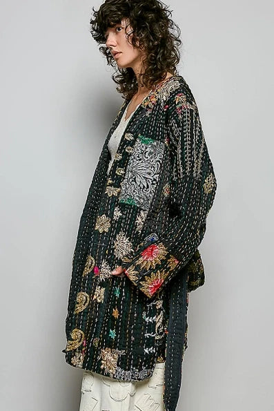 Black Handcrafted Stitch Waistband Kimono Top - Born To Glam