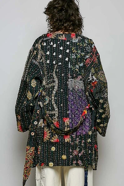 Black Handcrafted Stitch Waistband Kimono Top - Born To Glam