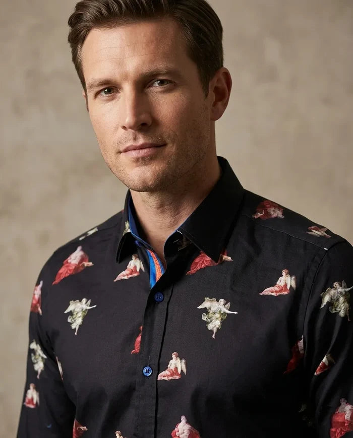 Black Historic Masterpiece Print Men's Shirt with Matching Handkerchief