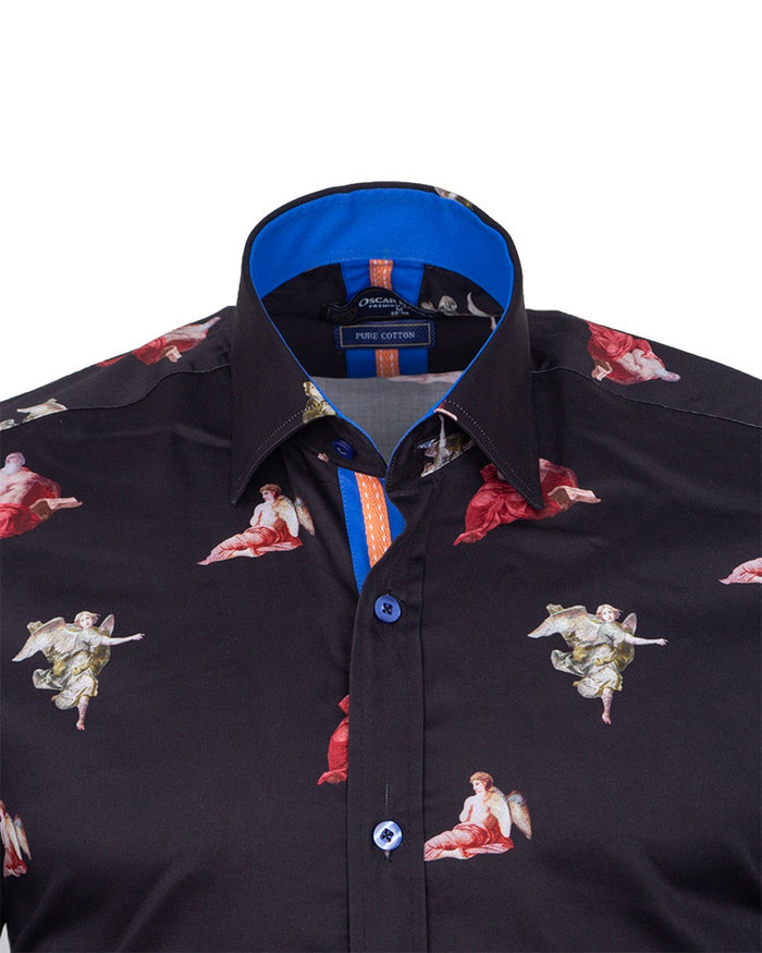 Black Historic Masterpiece Print Men's Shirt with Matching Handkerchief-Makrom