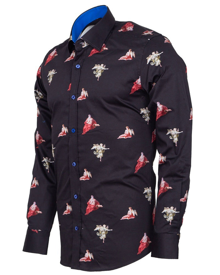 Black Historic Masterpiece Print Men's Shirt with Matching Handkerchief-Makrom