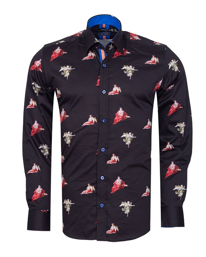 Black Historic Masterpiece Print Men's Shirt with Matching Handkerchief-Makrom