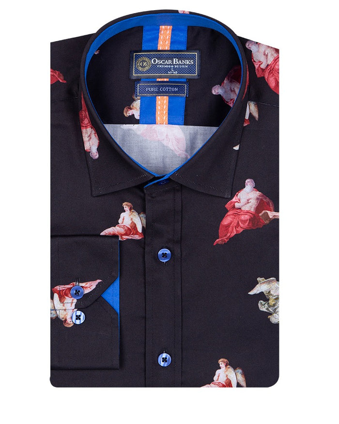 Black Historic Masterpiece Print Men's Shirt with Matching Handkerchief-Makrom