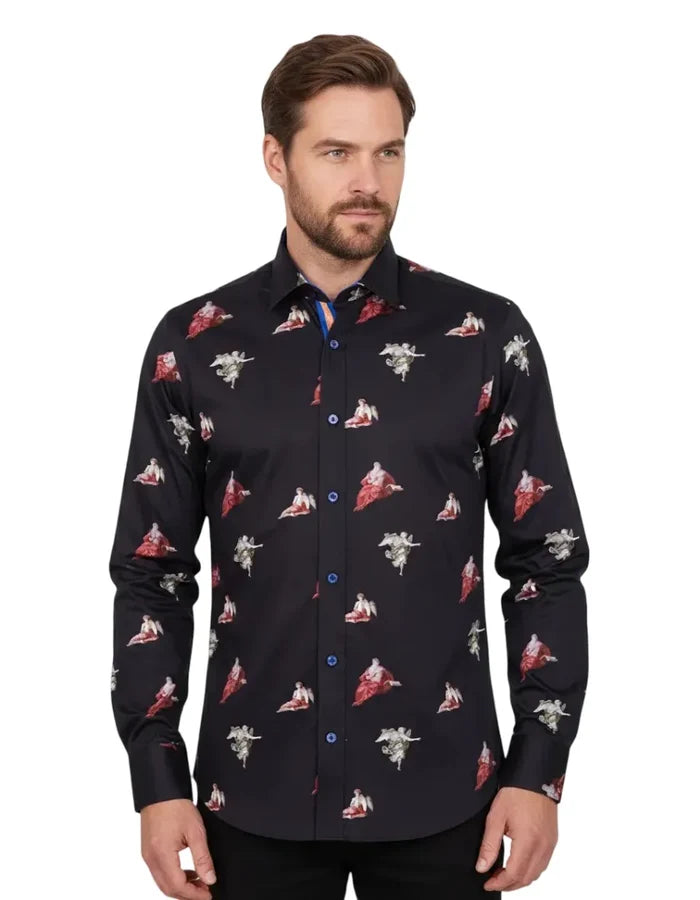 Black Historic Masterpiece Print Men's Shirt with Matching Handkerchief-Makrom