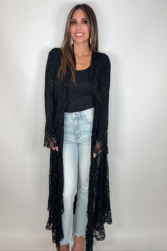 Style the Black Lace Ruffle Sparkle Duster exclusively at Born To Glam