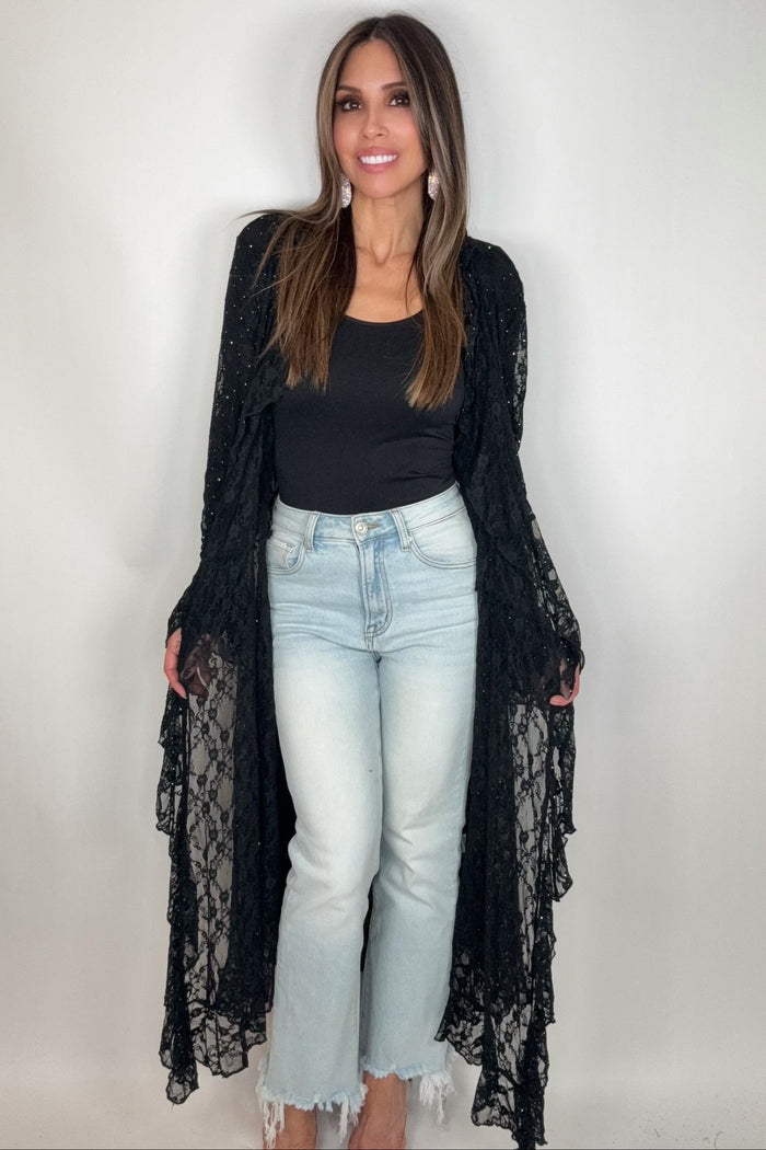 Style the Black Lace Ruffle Sparkle Duster exclusively at Born To Glam