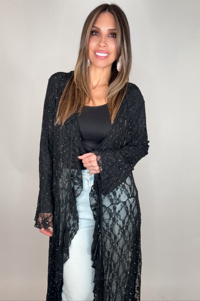 Style the Black Lace Ruffle Sparkle Duster exclusively at Born To Glam
